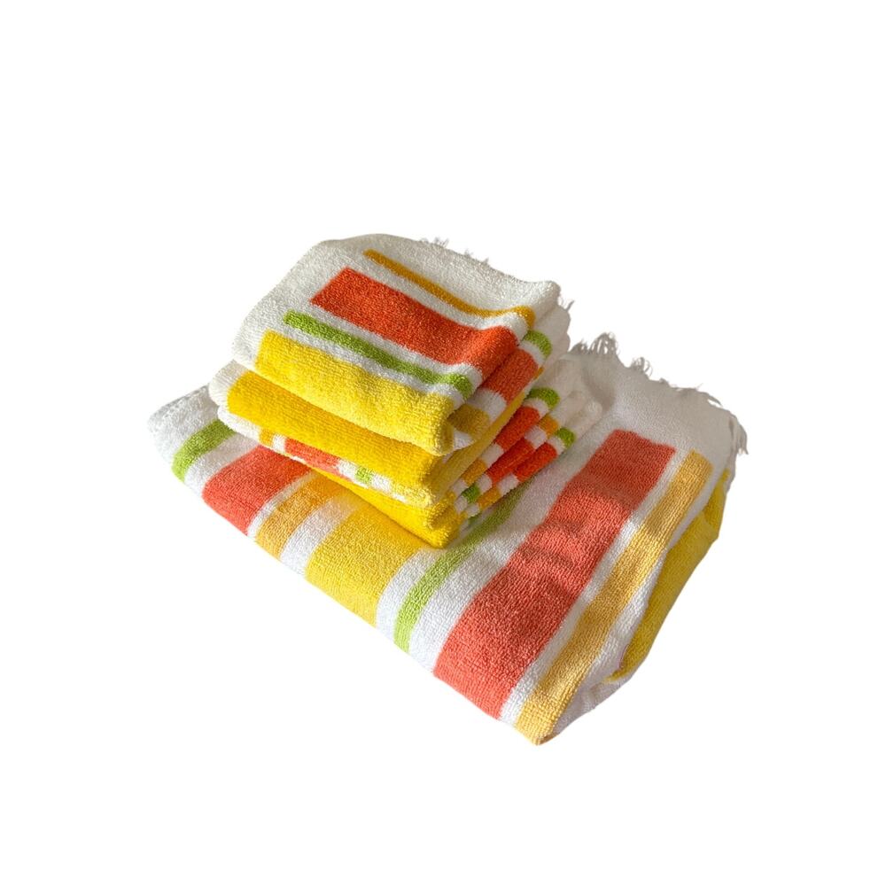 VTG Cannon Terry Cloth Bath Towel & 5 Washcloths 100% Cotton Retro Stripes USA